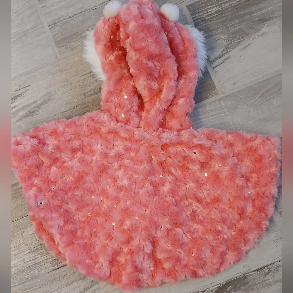 Little Lass Faux Fur Hooded Poncho – Size 12M – Coral Pink – Sparkle Details